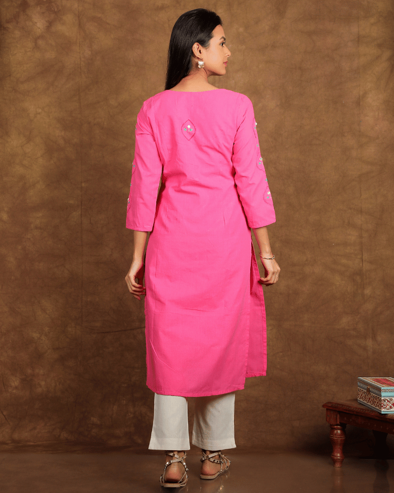 Wave Embroidered Pink Cotton Kurta - back