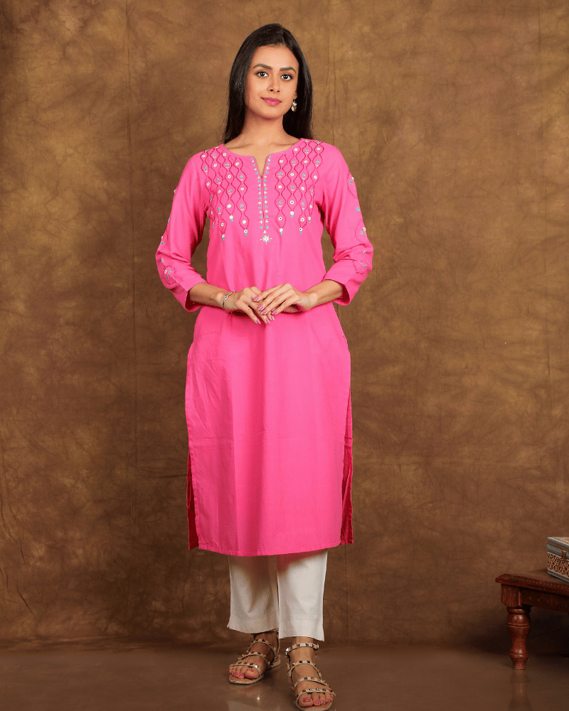 Wave Embroidered Pink Cotton Kurta - front