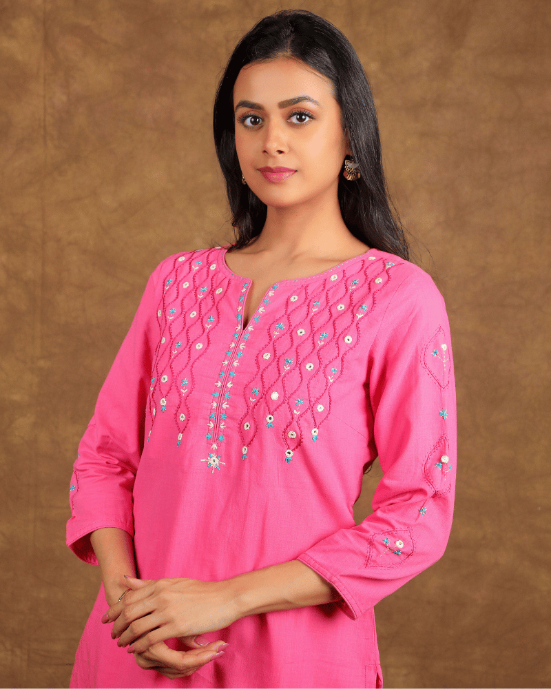 Wave Embroidered Pink Cotton Kurta - embroidery