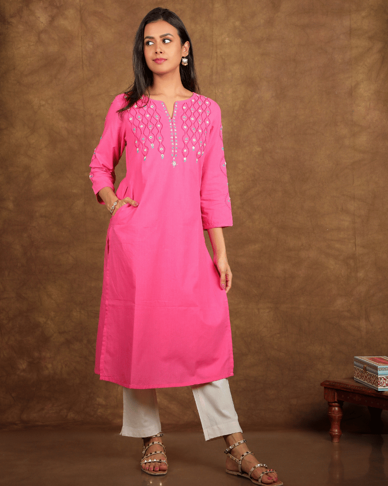 Wave Embroidered Pink Cotton Kurta - pocket