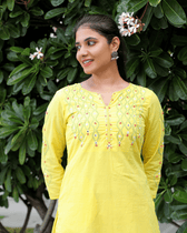 Wave Embroidered Yellow Cotton Kurta - neck