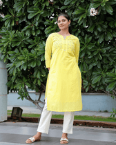 Wave Embroidered Yellow Cotton Kurta - front