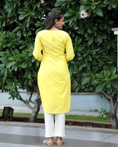 Wave Embroidered Yellow Cotton Kurta - back