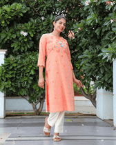 "Scallops" design embroidered peach cotton kurta-full