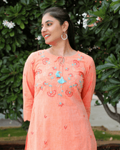 "Scallops" design embroidered peach cotton kurta-front