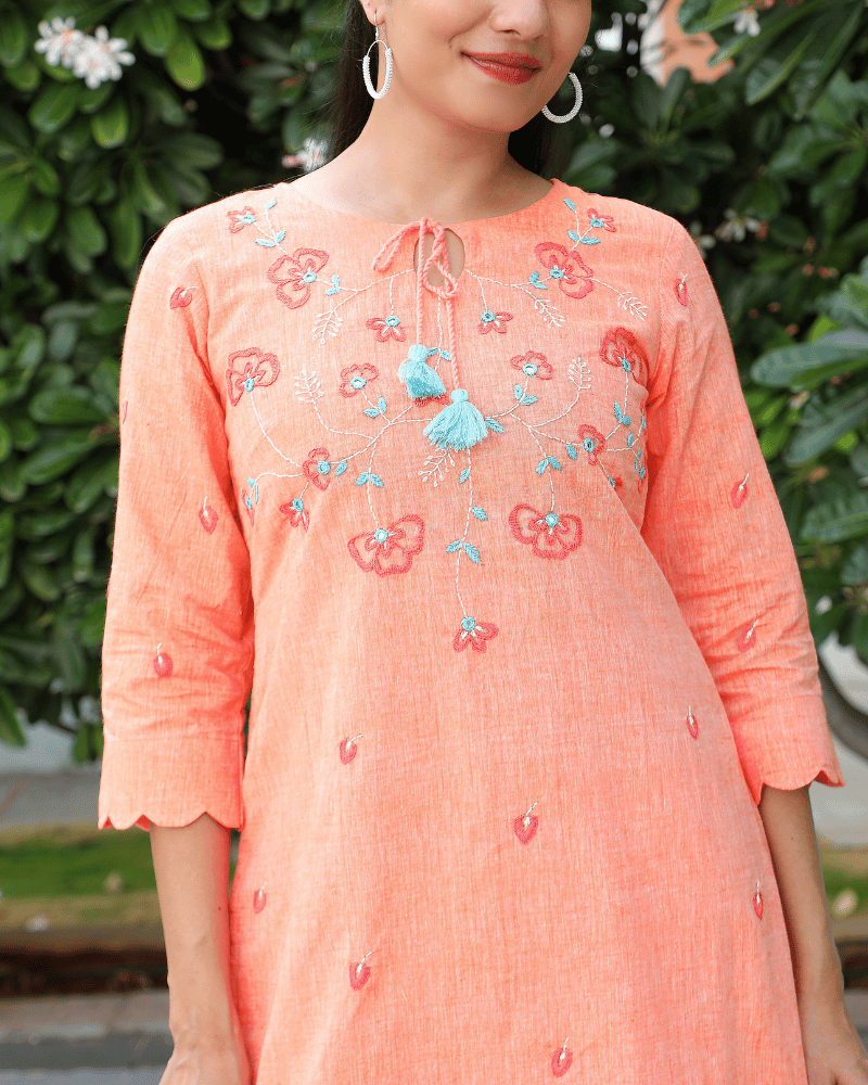 "Scallops" design embroidered peach cotton kurta-embroidery