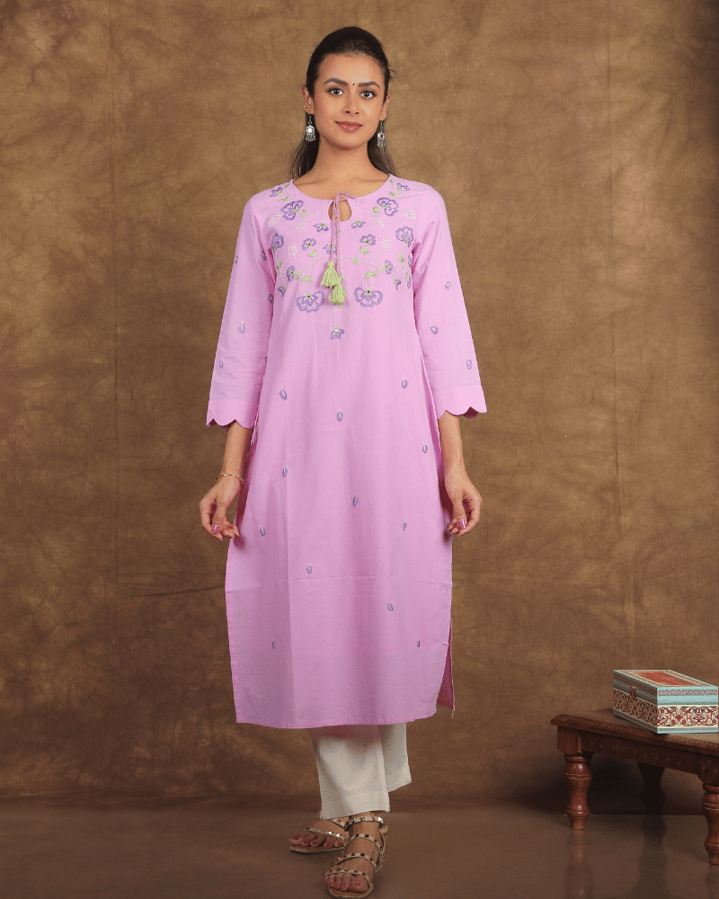 "Scallops" design embroidered purple cotton kurta-front