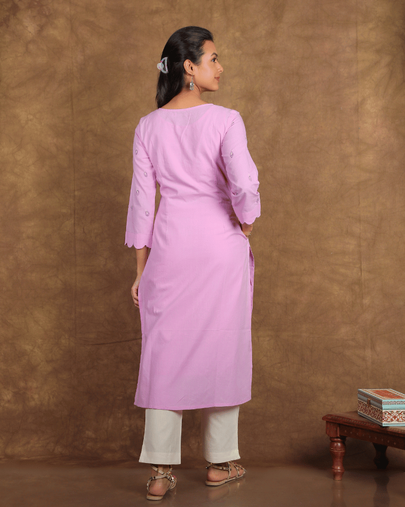 "Scallops" design embroidered purple cotton kurta-back