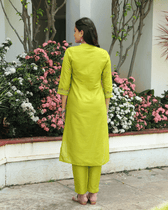 Mercerized Ikat Lime Green Kurta with Mirror Embroidery - back