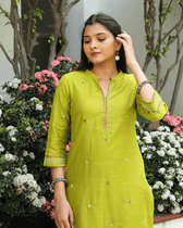 Mercerized Ikat Lime Green Kurta with Mirror Embroidery - sleeves