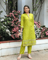 Mercerized Ikat Lime Green Kurta - Mirror Embroidery