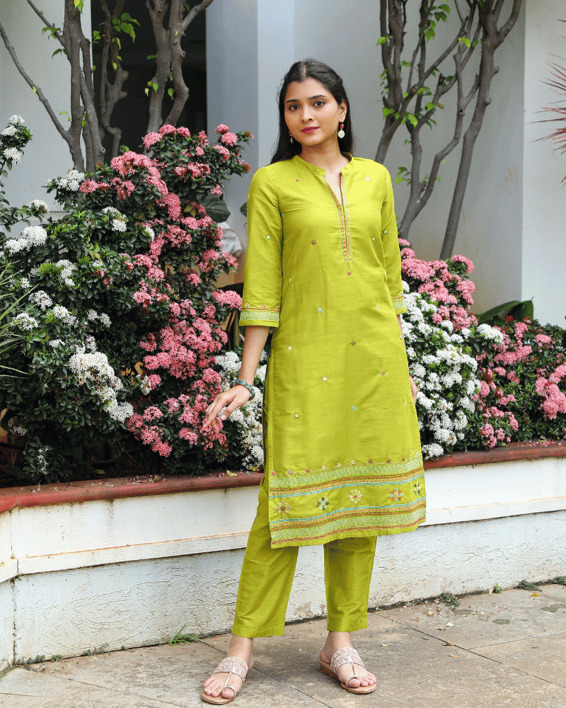 Mercerized Ikat Lime Green Kurta - Mirror Embroidery