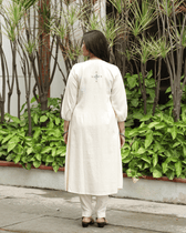 White Cotton Kurta with Hand Embroidery - back