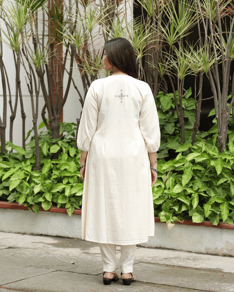 White Cotton Kurta with Hand Embroidery - back