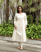 White Cotton Kurta with Hand Embroidery - Front