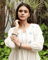 White Cotton Kurta with Hand Embroidery - Sleeves