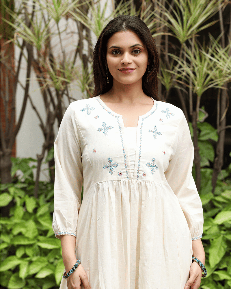 White Cotton Kurta with Hand Embroidery