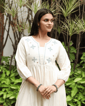 White Cotton Kurta with Hand Embroidery - neck