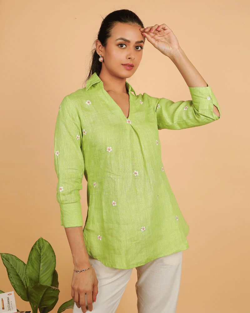 Green Embroidery linen Short top - embroidery