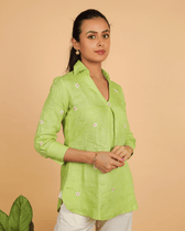 Green Embroidery linen Short top - front