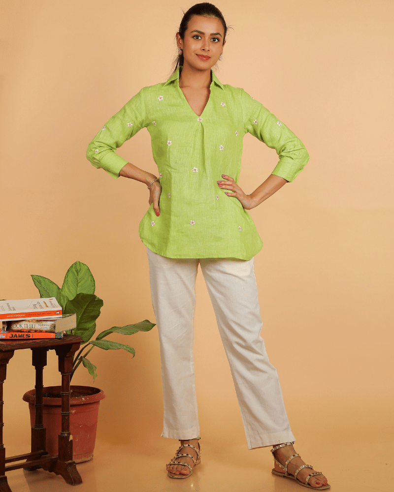 Green Embroidery linen Short top - sleeves