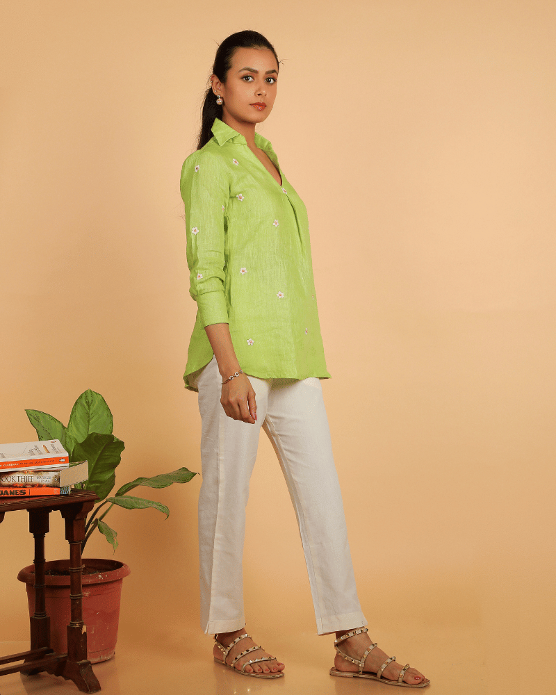 Green Embroidery linen Short top - side