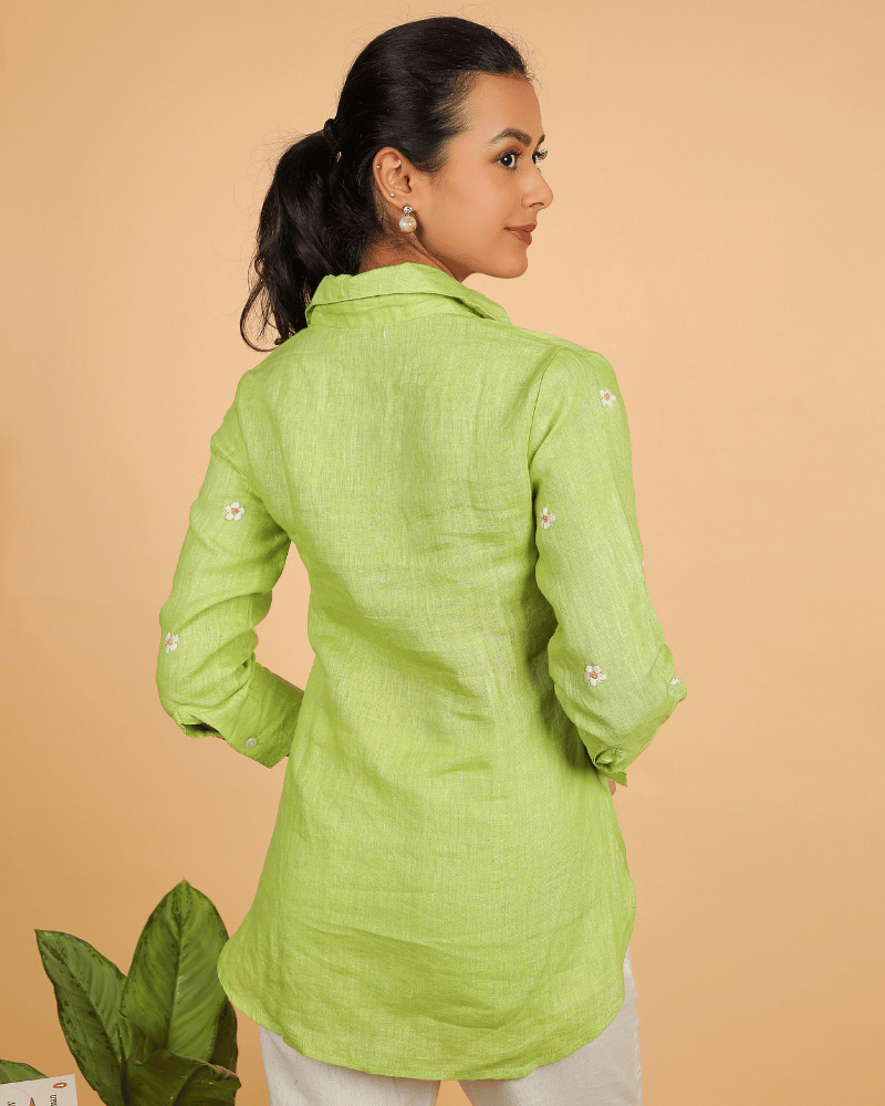 Green Embroidery linen Short top - back