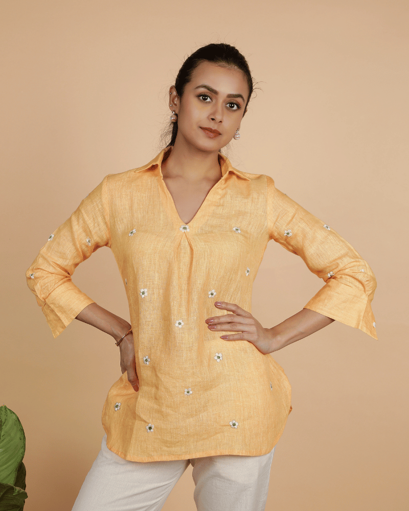 Orange Embroidery linen Short top - front