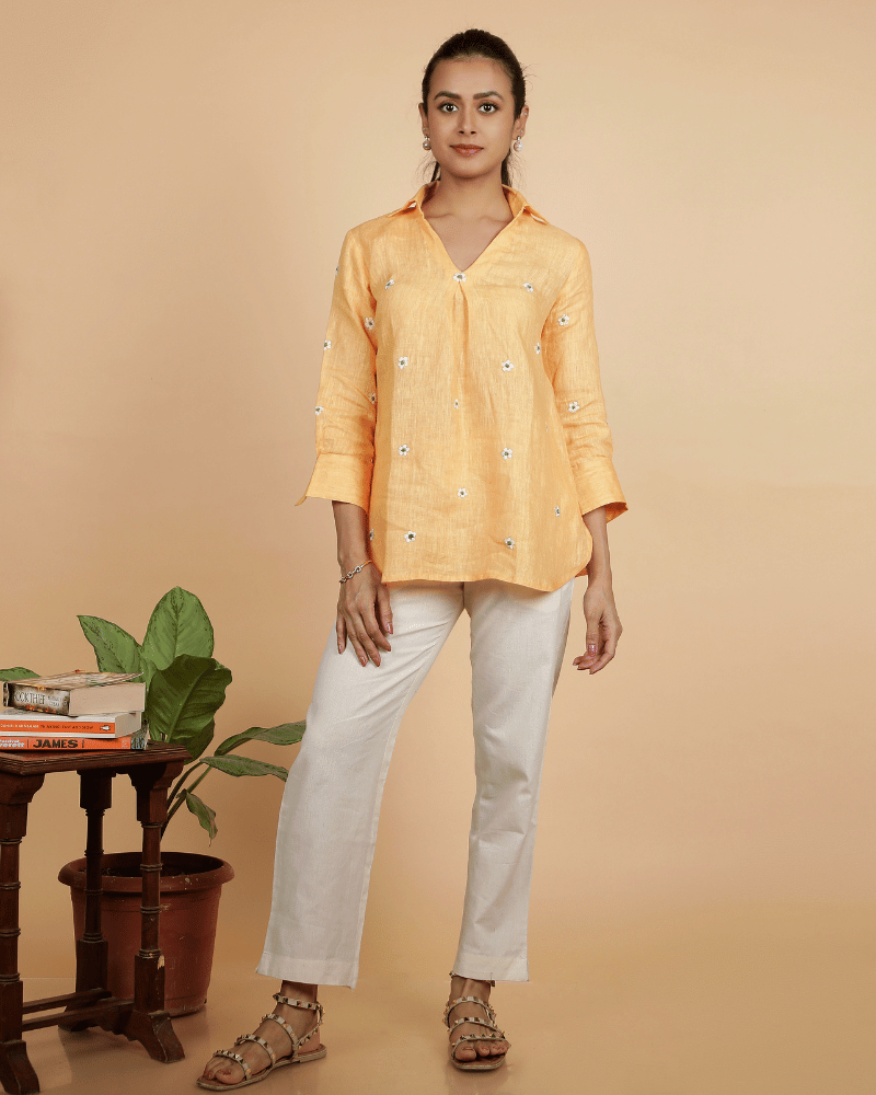 Orange Embroidery linen Short top - full