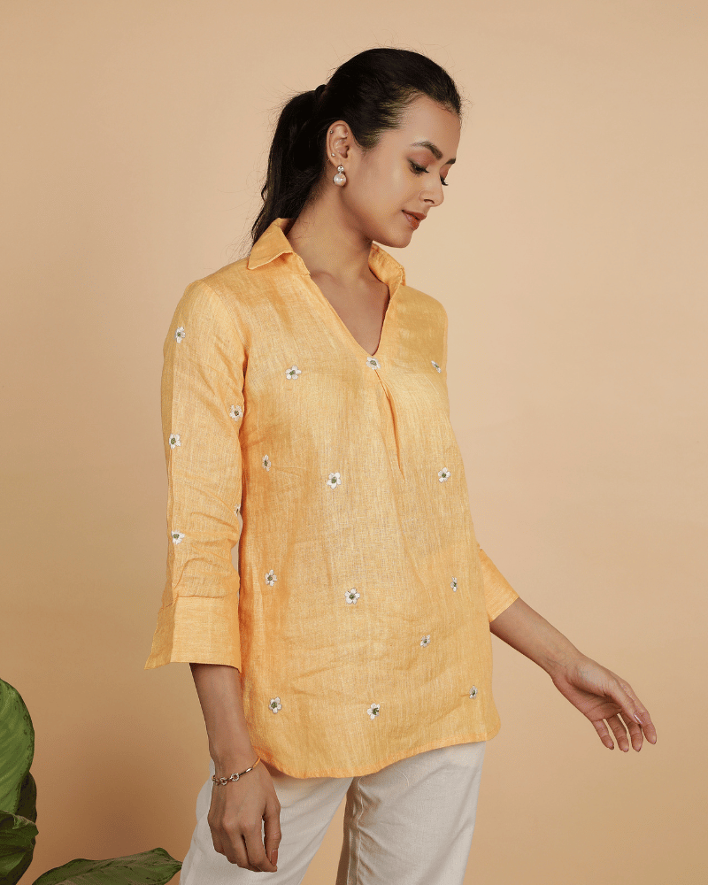 Orange Embroidery linen Short top - side