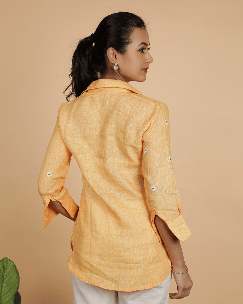 Orange Embroidery linen Short top - back