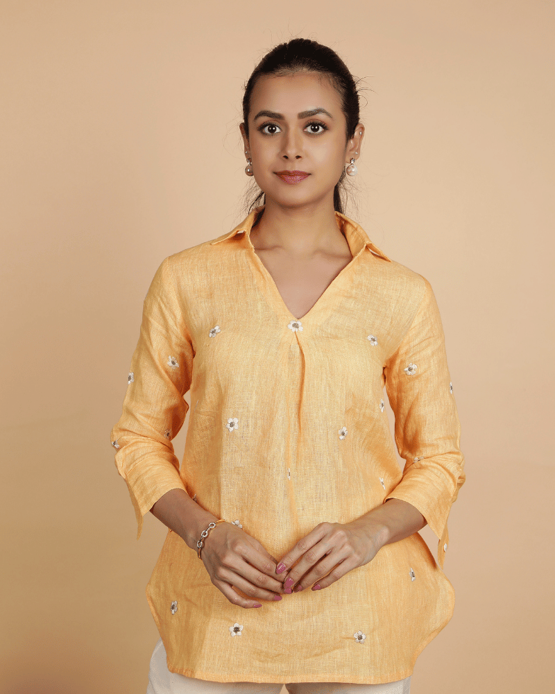 Orange Embroidery linen Short top - embroidery