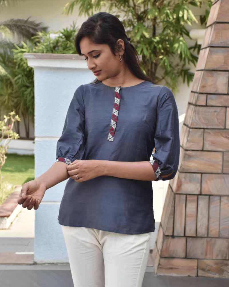 Grey Embroidery Silk Kurta - sleeves