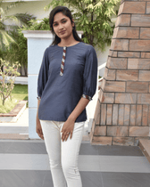 Grey Embroidery Silk Kurta - neck