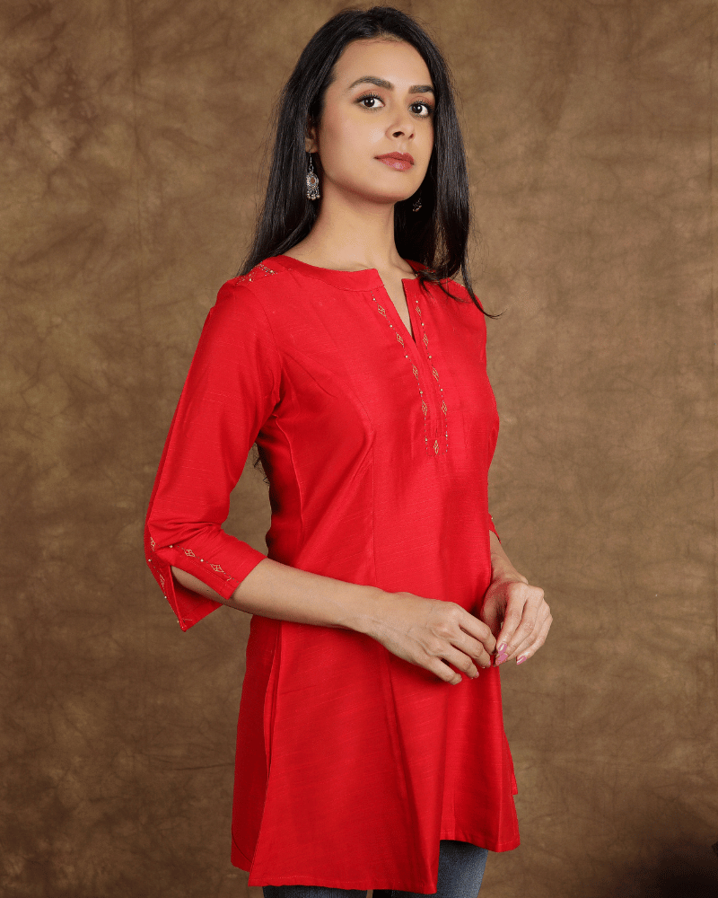 Red Embroidery Silk short top - front