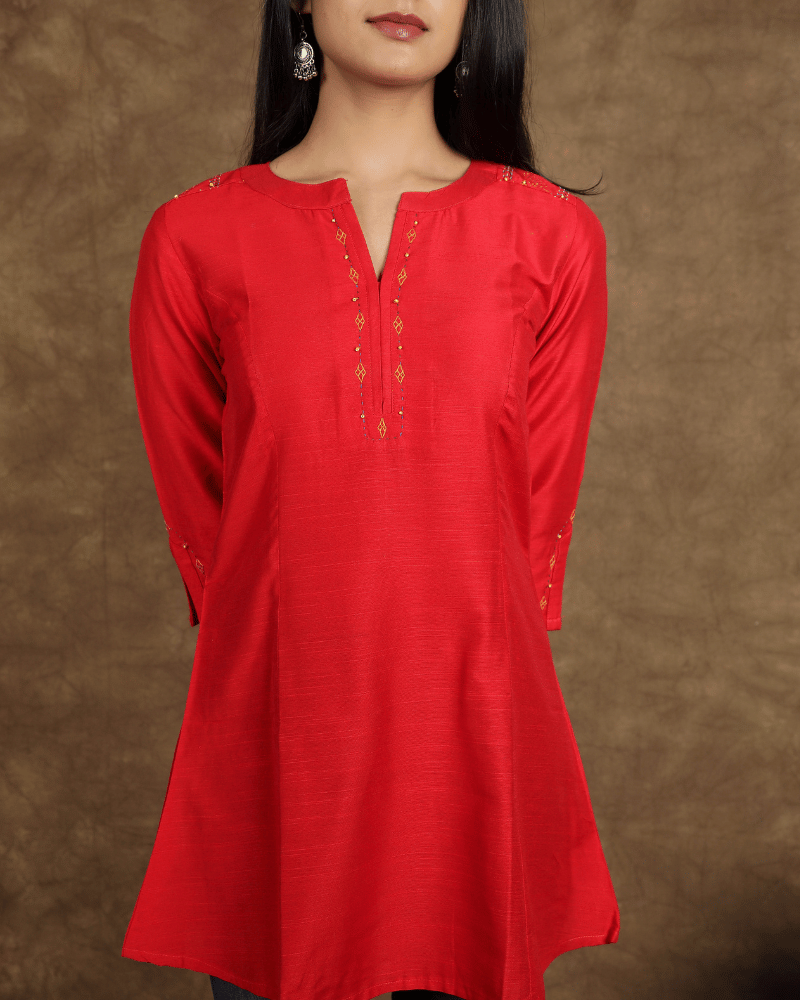 Red Embroidery Silk short top - embroidery