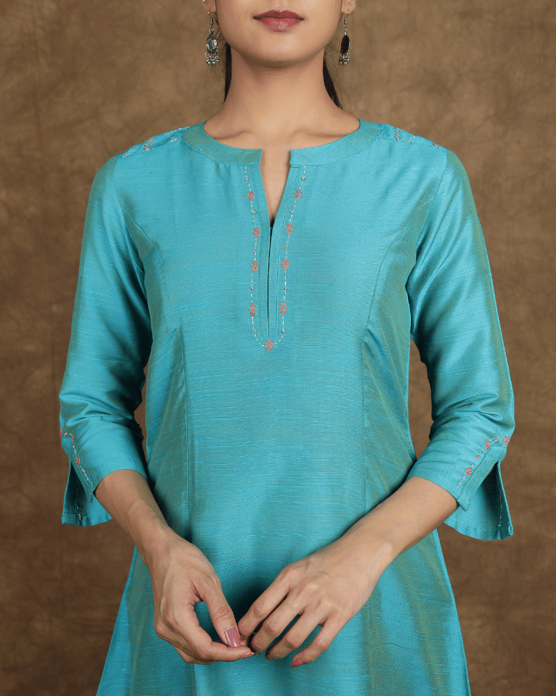 Blue Embroidered Silk Tunic - embroidery