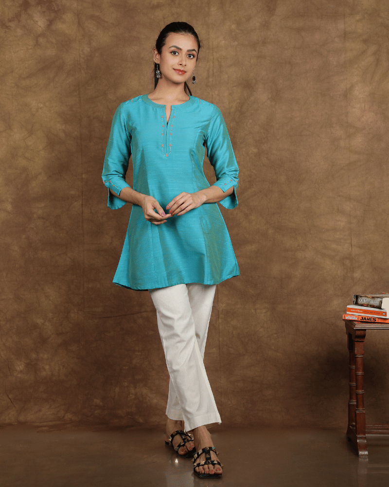 Blue Embroidered Silk Tunic top