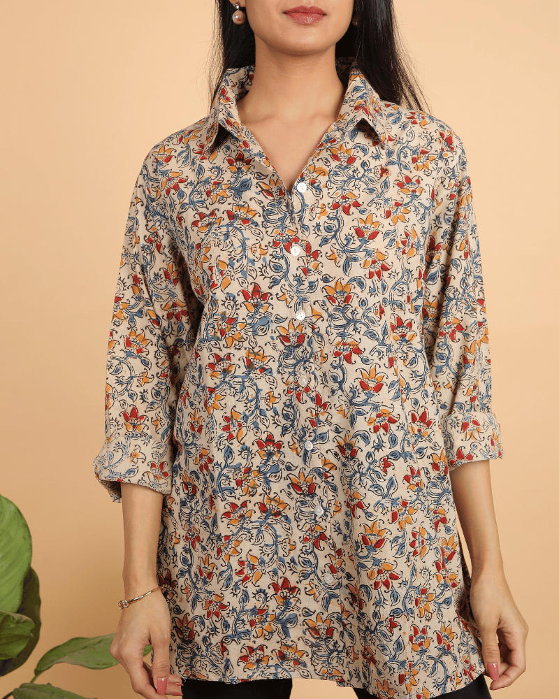 Cream kalamkari free size shirt - sleeve