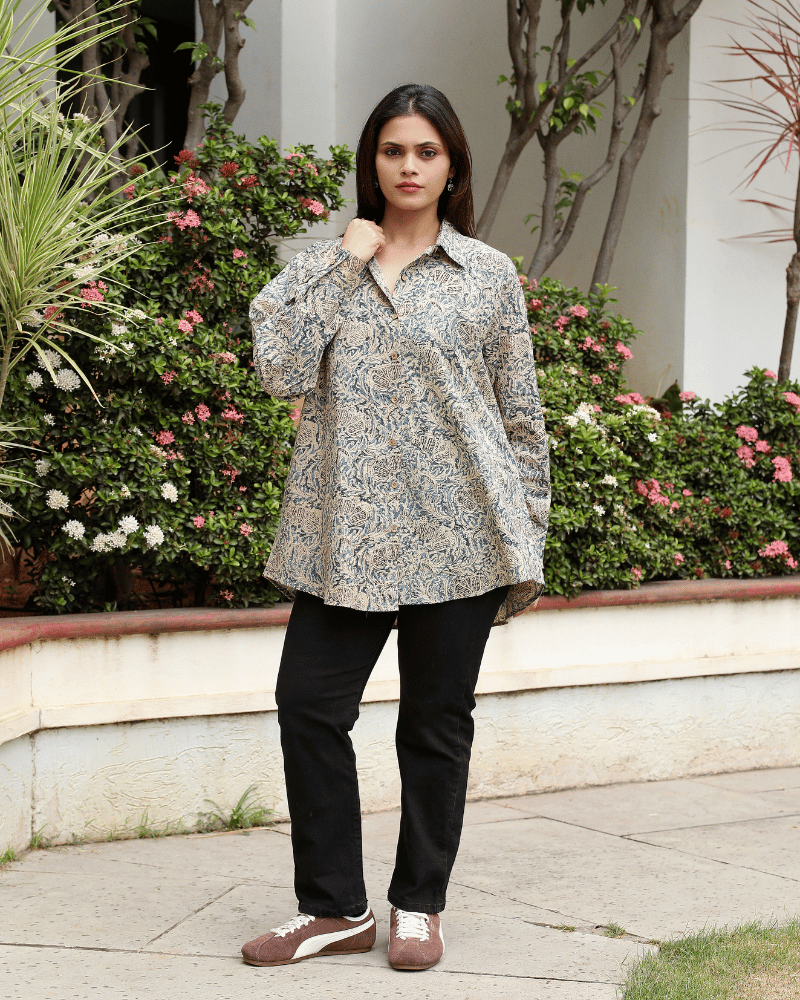Stylish Women’s Blue Kalamkari Cotton Shirt - free size