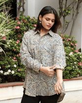 Stylish Women’s Blue Kalamkari Cotton Shirt - sleeves