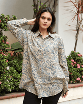 Stylish Women’s Blue Kalamkari Cotton Shirt - collar