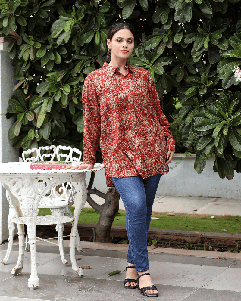 Stylish Women’s Red Kalamkari Cotton Shirt - sleeves