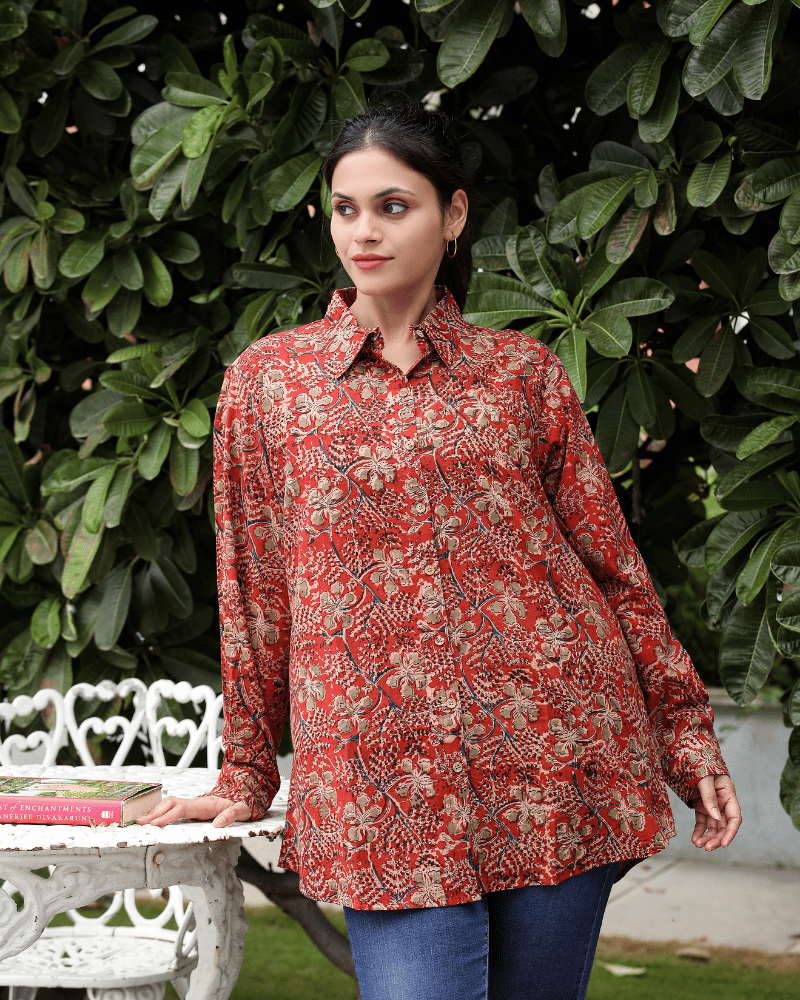 Stylish Women’s Red Kalamkari Cotton Shirt - free size