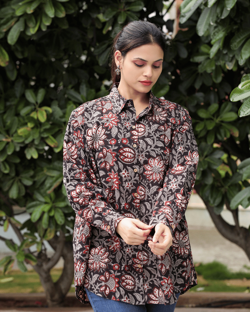Stylish Women’s Black Kalamkari Cotton Shirt - free size