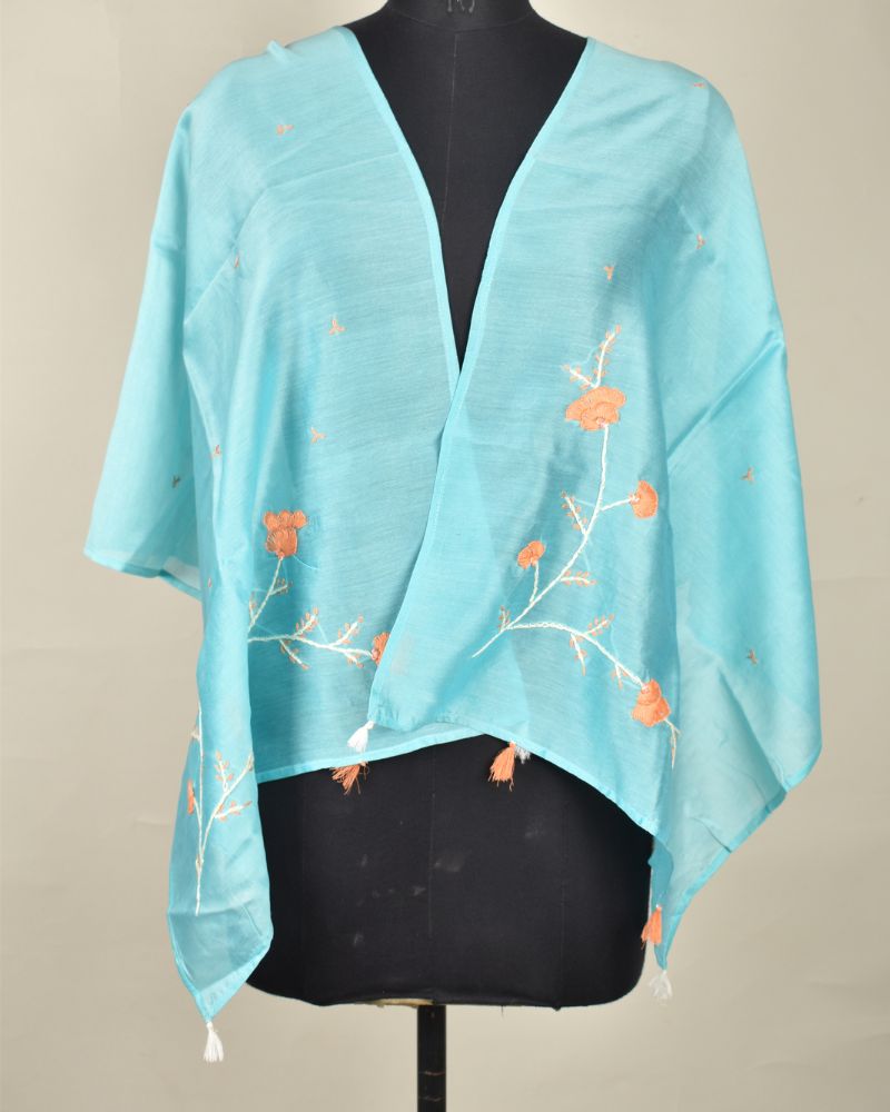 Light blue chanderi silk stole with hand embroidery