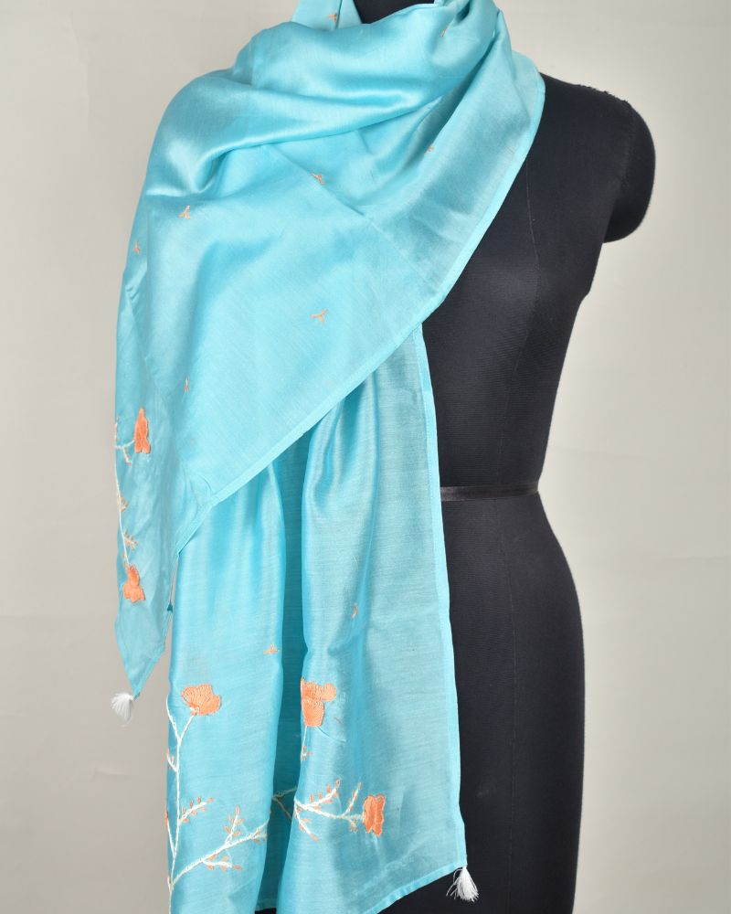 Light blue chanderi silk stole with hand embroidery