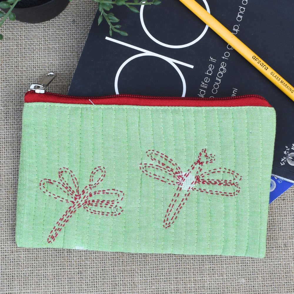 Light green hand embroidered pouch