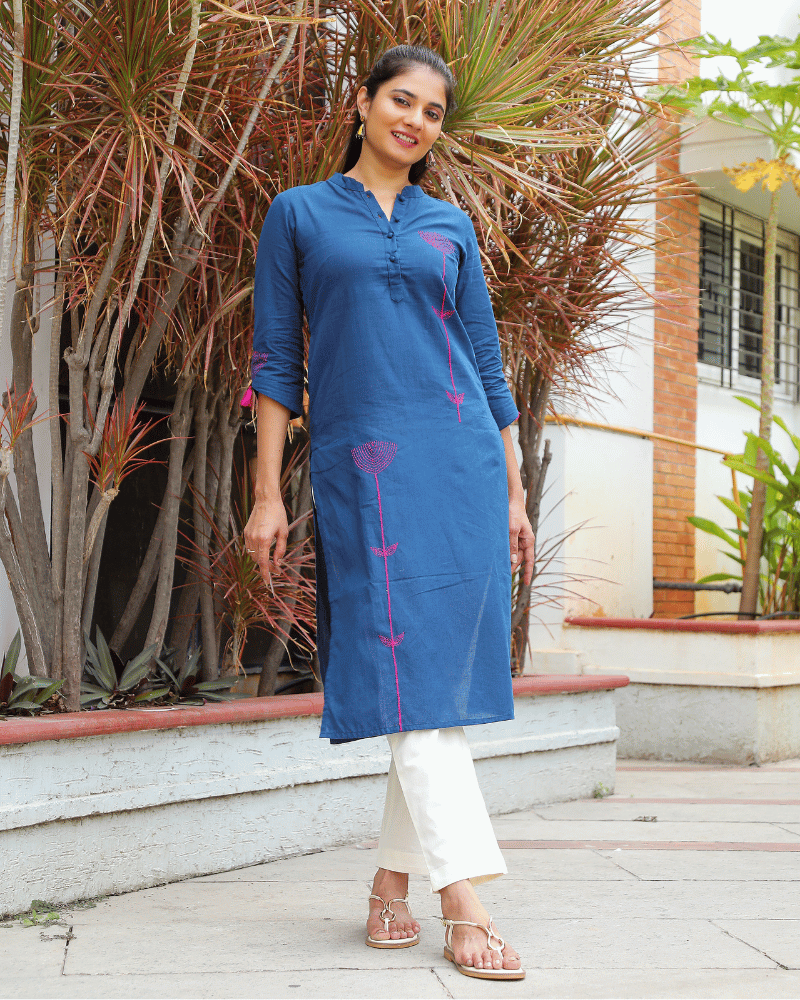 Blue Mandarin Collar Kurta side view