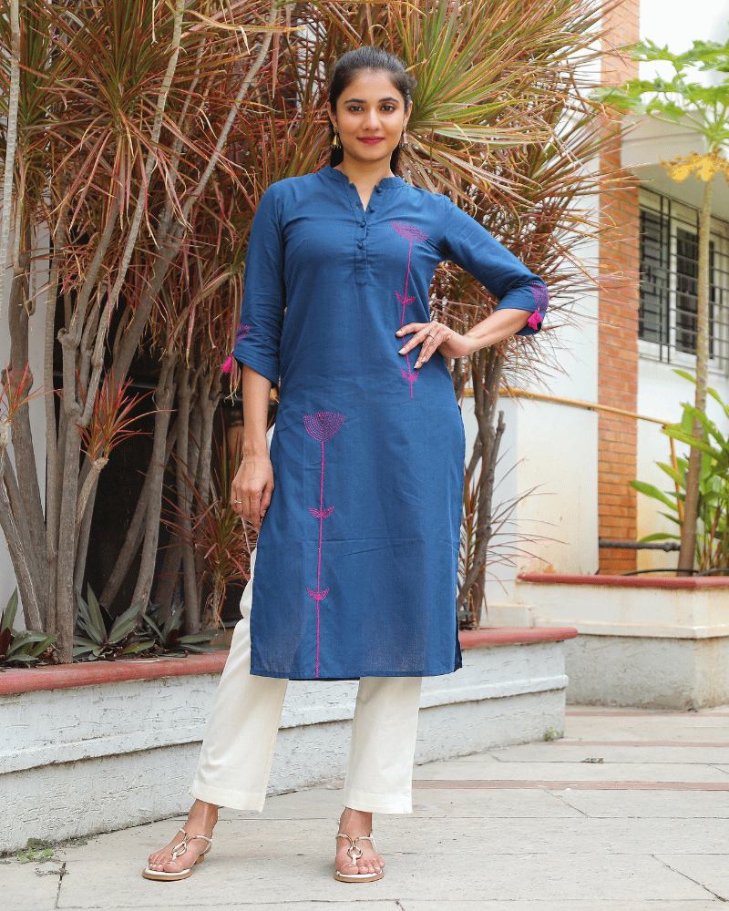 Blue Mandarin Collar Kurta front view